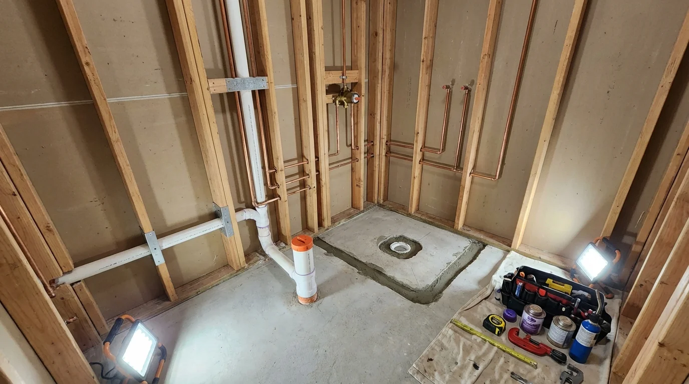 Bathroom rough-in plumbing during remodel by Johns Plumbing LLC in Mishicot