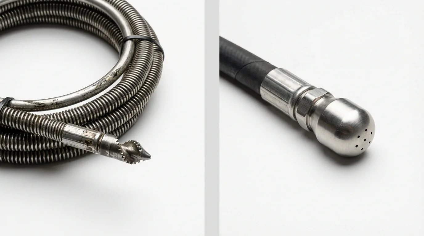 Drain snake cable and hydro jetting nozzle used for drain cleaning in Mishicot, WI