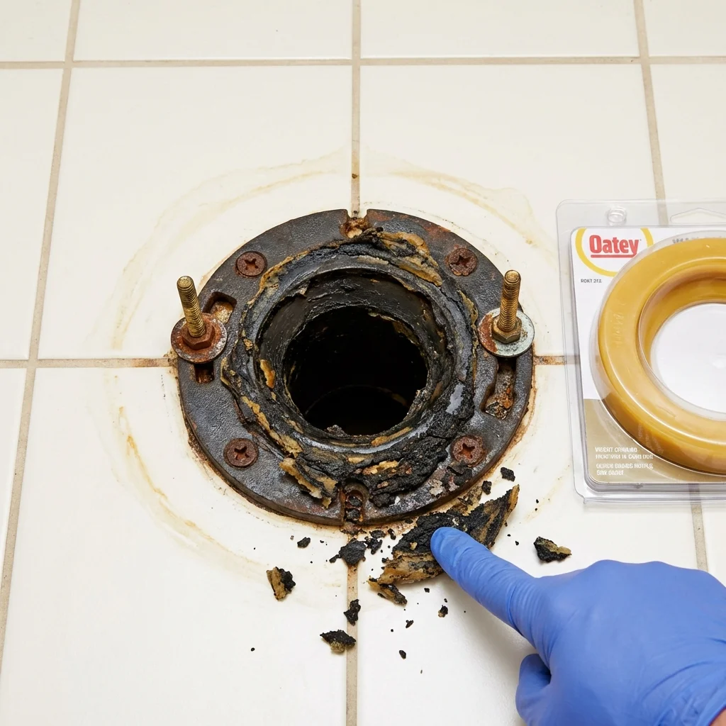 Failed wax ring showing water seepage at the base of a toilet in a Mishicot, WI home