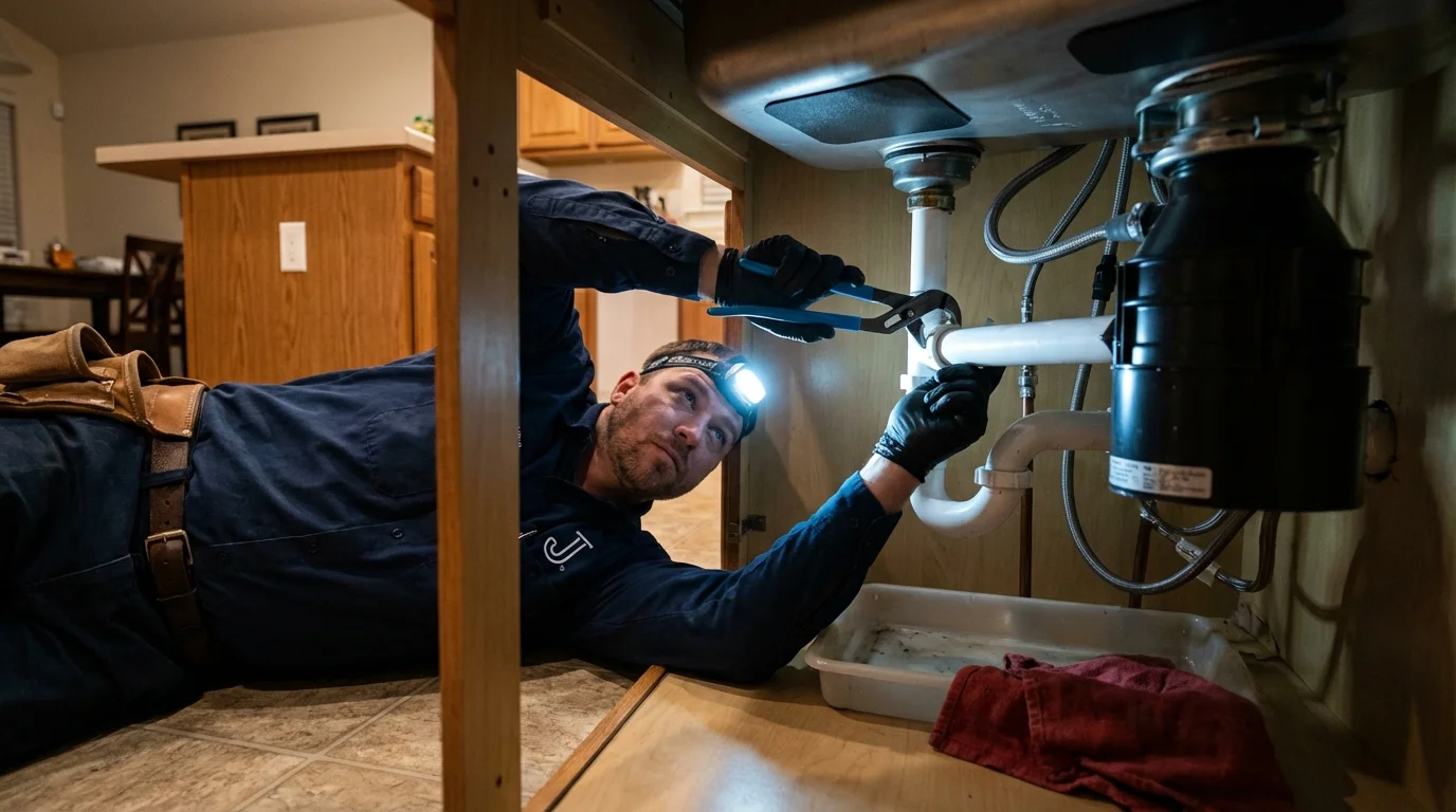 P-trap and supply line connections under a kitchen sink showing a common leak point in Mishicot, WI